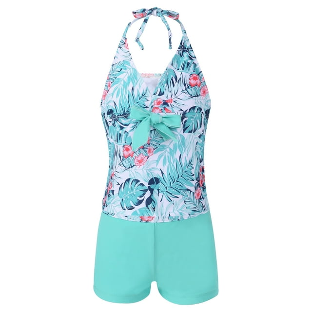 renvena Kids Girls Hawaiian Print Tankini Swimsuit TwoPieces Swimwear Halter Neck Bathing Suit