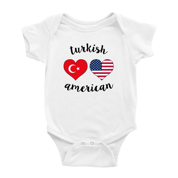 Turkish American Flag Two Hearts Baby Romper Bodysuit For Boy Girl (White, 3-6 Months)