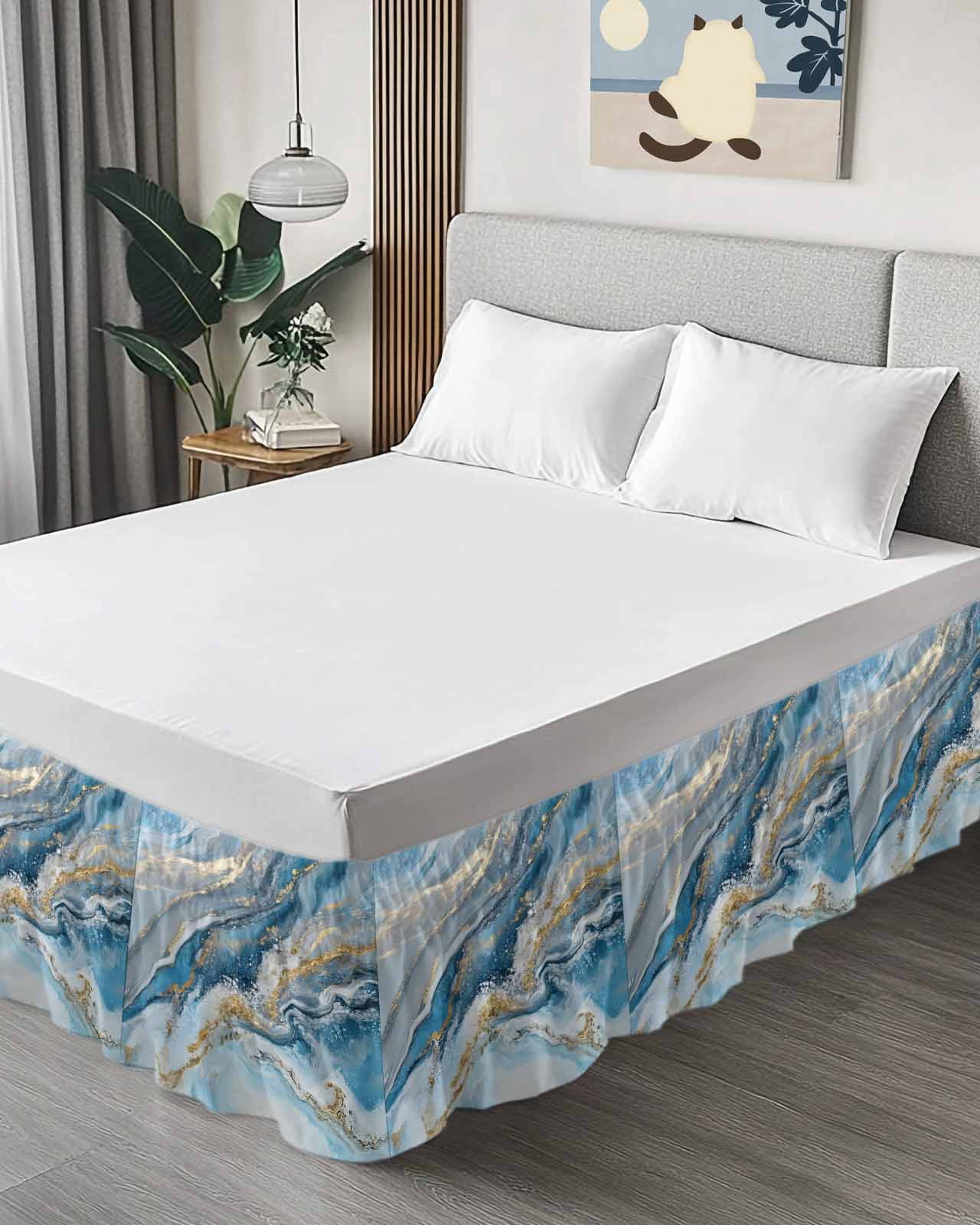 Blue Marble Wrap Around Bed Skirts for Queen Bed 16" Drop, Bed Skirt with Adjustable Elastic Belt Dust Ruffle Bed Valance for Bedroom Hotel Luxury Modern Contemporary Luxury Yellow Bed Frame Cover