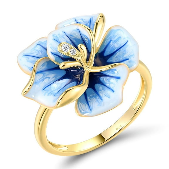 Santuzza Orchid Ring 925 Sterling Silver White Cubic Zirconia Enamel Blue Flower Statement Ring for Women