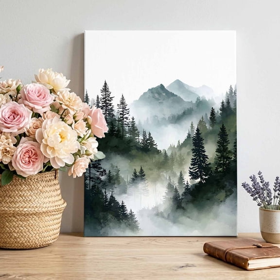 Canvas Wall Art Misty Evergreen Forest Mountain Canvas Art Print Soft Foggy Pine Trees Green Pictures Wall Decor for Living Room Bedroom Artwork Decorations Stretched Framed Ready to Hang 8"x10"