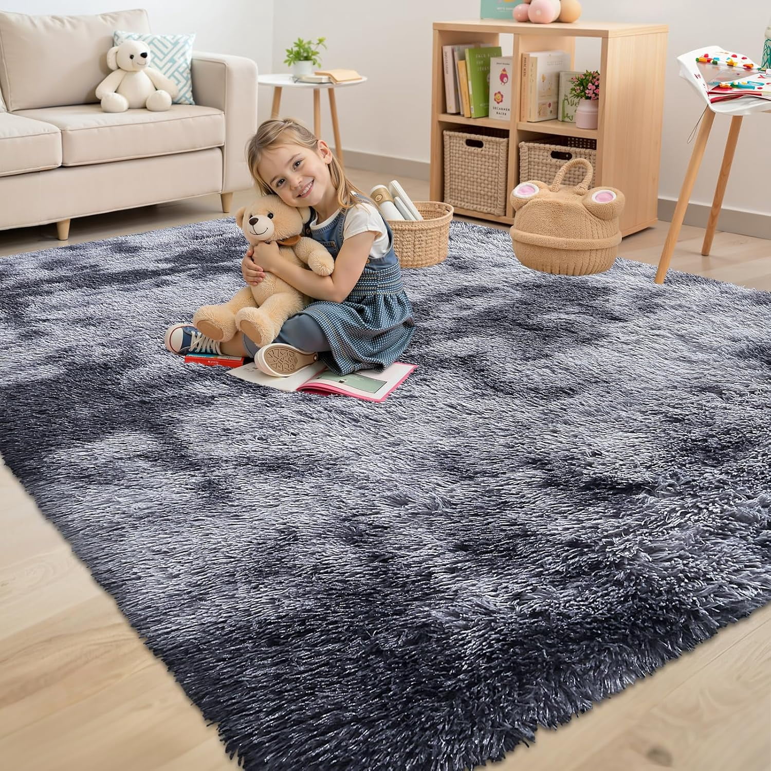 Buganda Soft Shag Area Rug, Washable Non-Slip Rug for Living Room Bedroom, Modern Decor Carpet, 8'X10', Light Grey