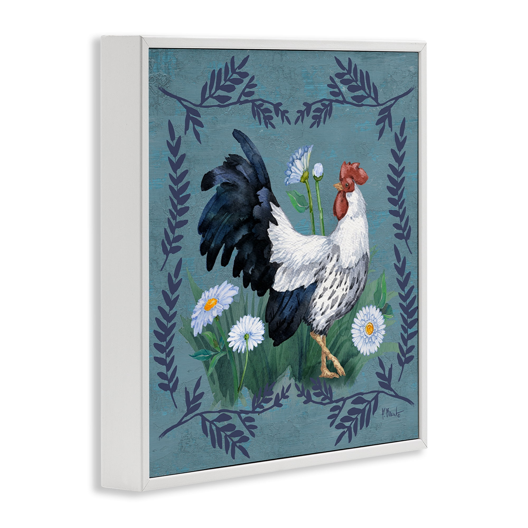 Stupell Industries Ferns & Rooster Animals & Insects Painting White Framed Art Print Wall Art, 17 x 17