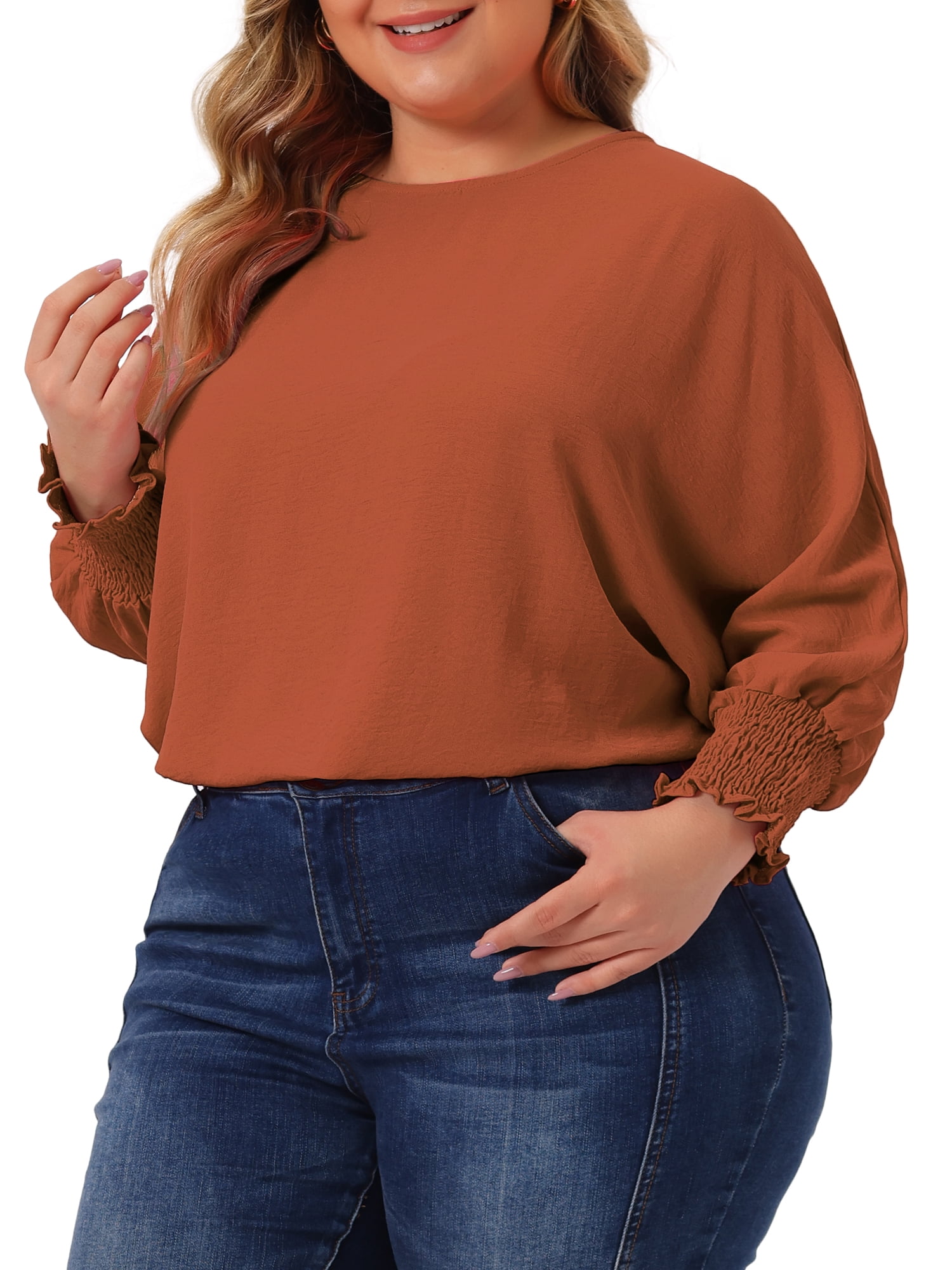 Unique Bargains Women's Plus Size Chiffon Tops Batwing Ruffle Long Sleeve Loose Blouses 3X Caramel