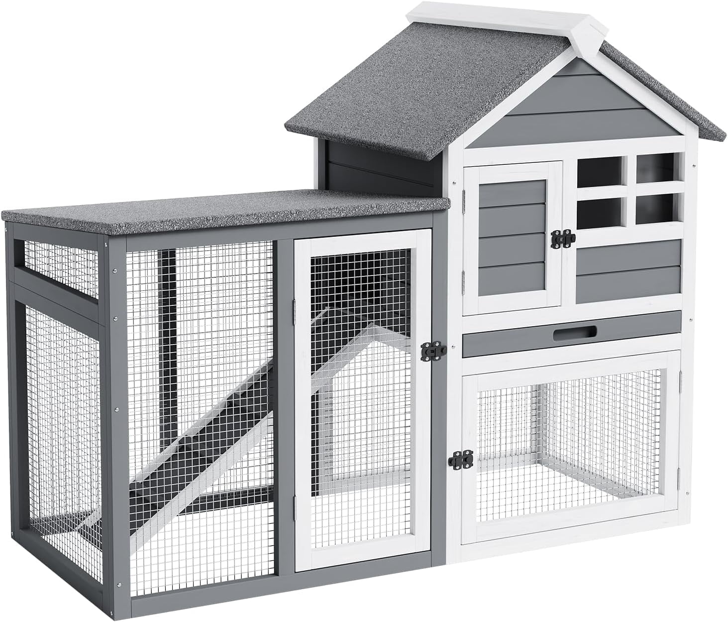Acekid 2-Tier Large Rabbit Hutch Outdoor Indoor With Pull Out Tray Wooden Bunny Hutch Pig Cage Chicken Coop With Run Removable Tray Lockable Doors And Ramp Grey