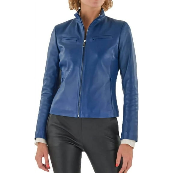 HOT Women's Genuine Lambskin Real Leather Blue Jacket Stylish Biker Coat W168