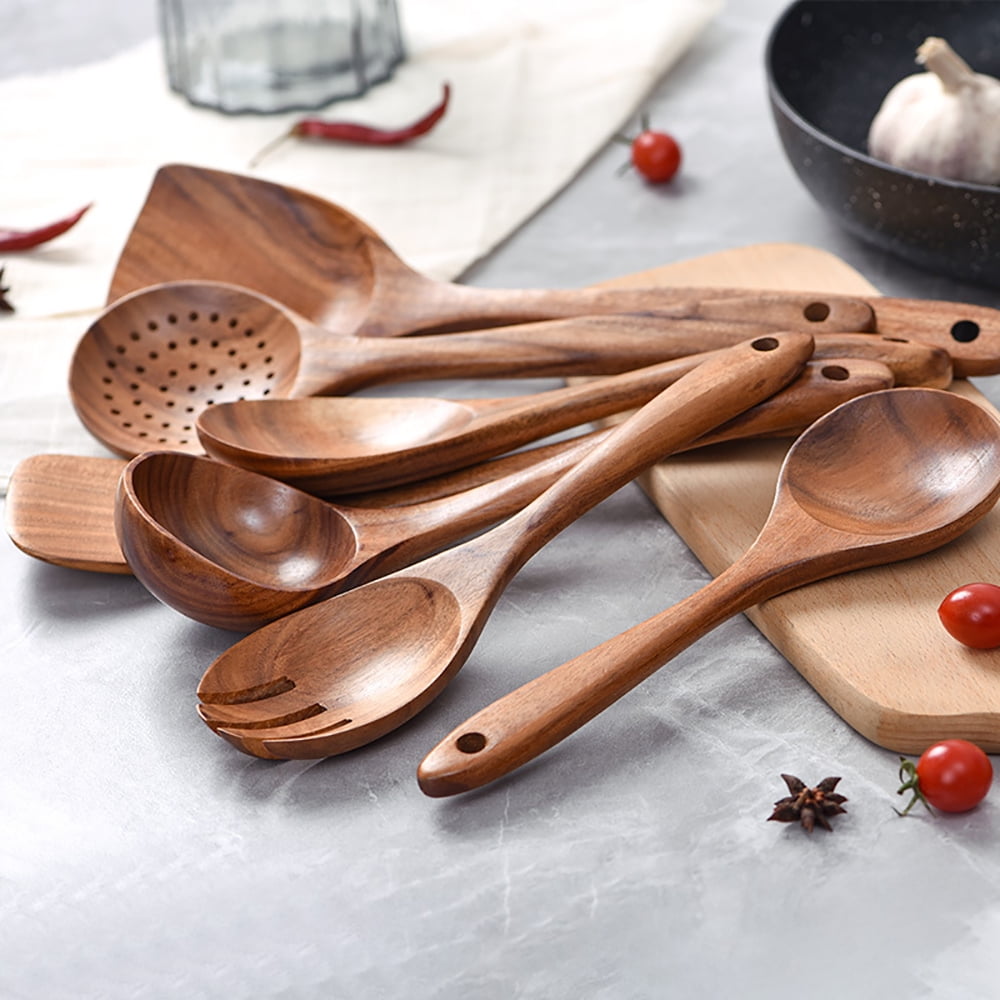 Wooden Spoons for Cooking, 7 Pcs Nonstick Wooden Cooking Utensils  Set,Nonstick Natural and Healthy Kitchen Utensil（7 Pcs）