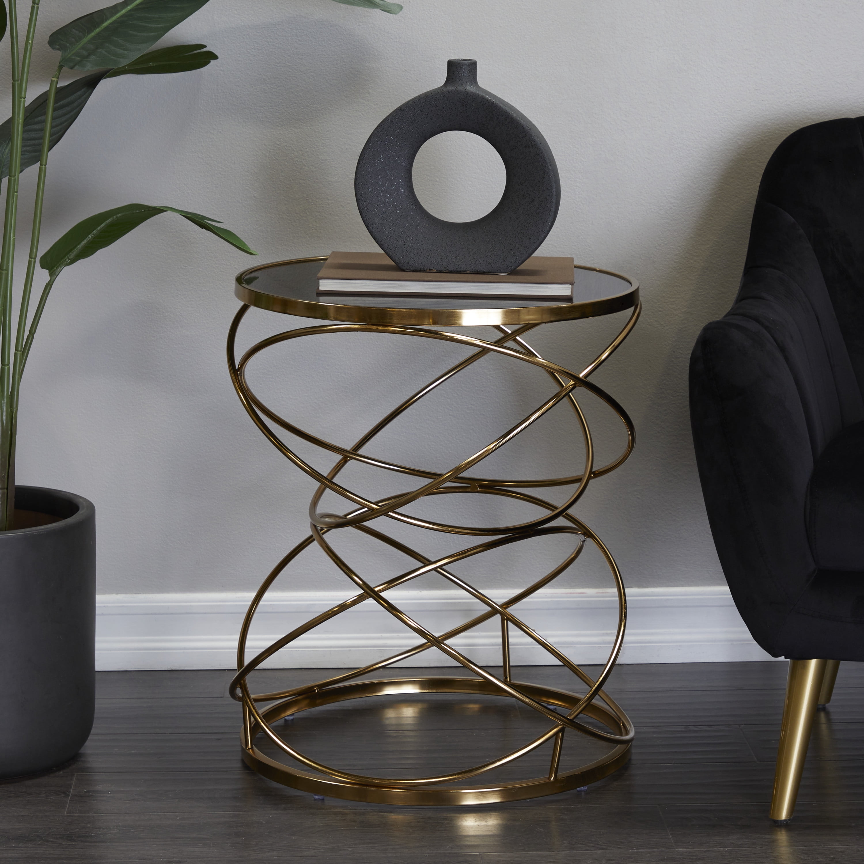 DecMode 20" x 24" Black Marble Accent Table with Spiral Base, 1-Piece