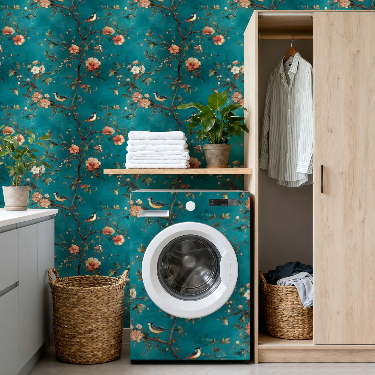 Peel and Stick Wallpaper Bluebirds Floral Branches Teal Vintage Floral Wall Mural 17.7in x 9.8ft Self Adhesive Removable Wall Paper Renter Friendly Wallpaper for Nursery Bedroom Cabinets