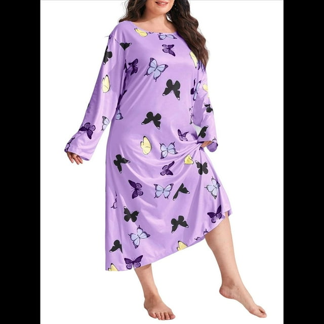 Camisón de Larga para Mujer, Estampado, Camiseta, Vestido de Dormir Púrpura 4XL