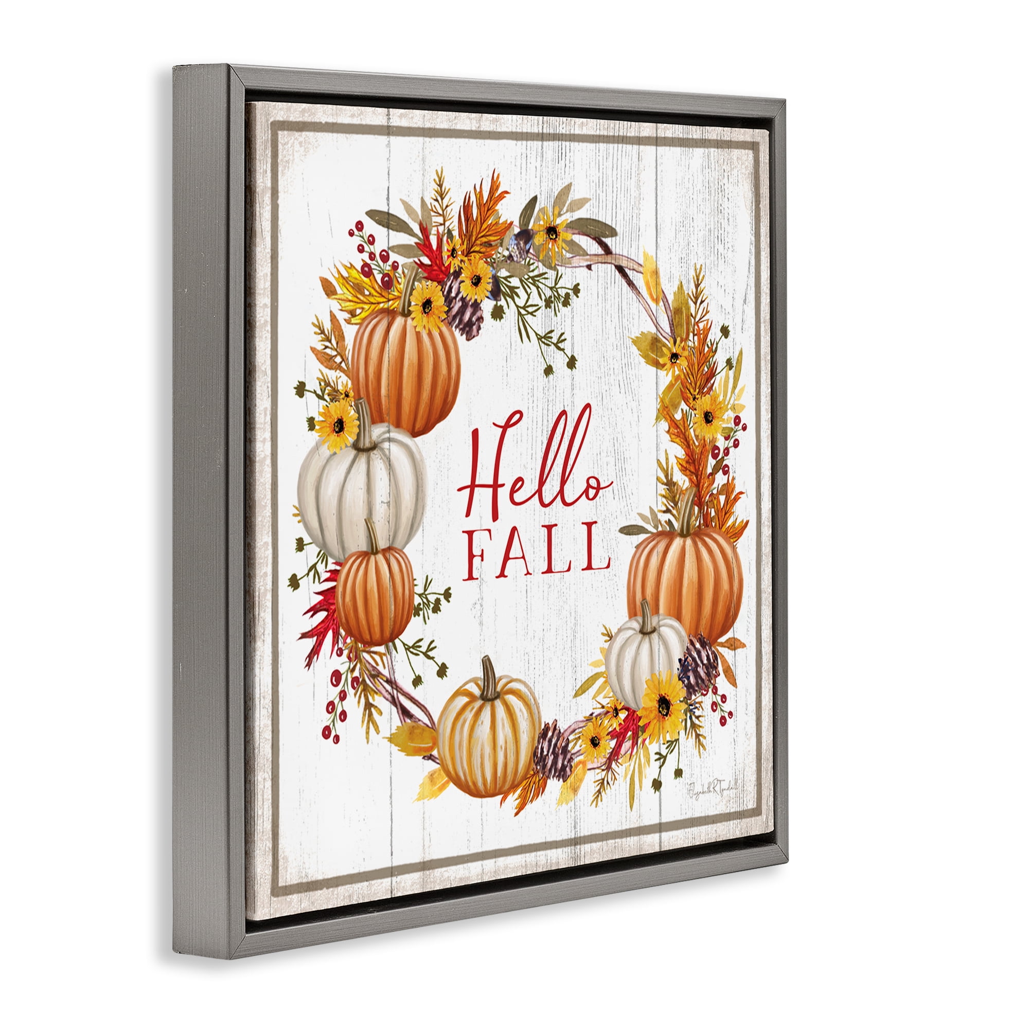 Stupell Industries Rustic Hello Fall Holiday Painting Gray Floater Framed Canvas Art Prints Wall Art, 18 x 18