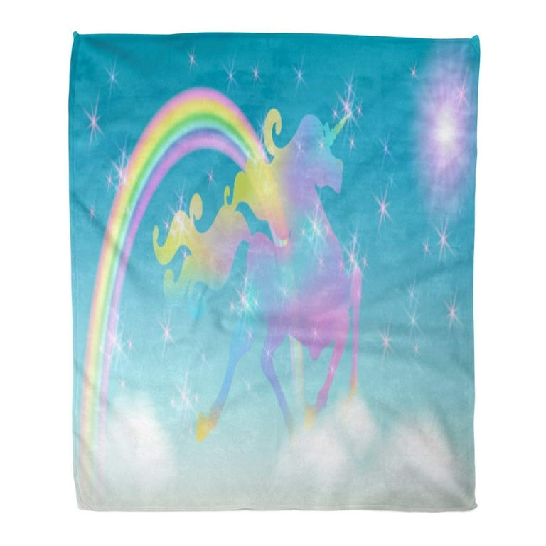 SIDONKU Flannel Throw Blanket Rainbow in The Clouds Sky and Galloping Unicorn Luxurious Winding Mane Against Iridescent 58x80 Inch Lightweight Cozy