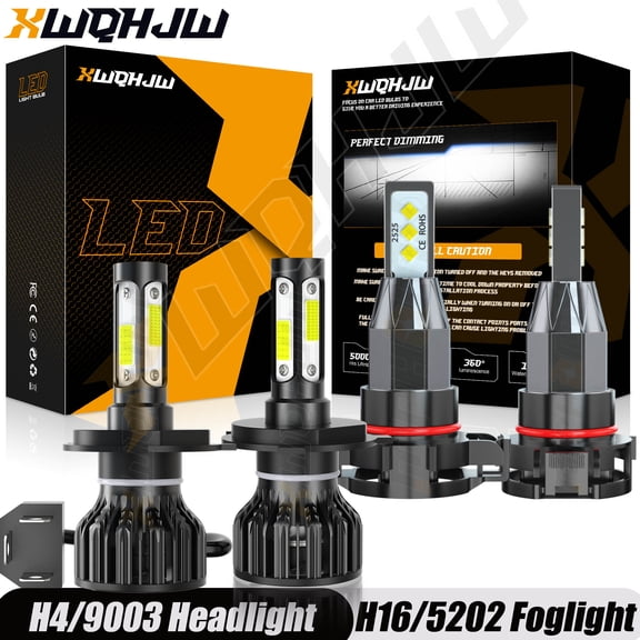 9003/H4 LED Headlight High/Low Beam 5202/H16 Fog Light Bulb Plug&Play Combo Kit 6000K 4Pcs