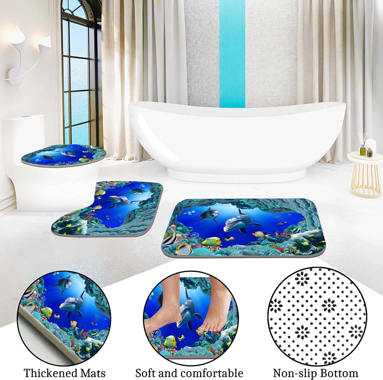 and Fishes Bathroom Sets with Rugs and Accessories Blue Ocean Seaweed Shower Curtains Set Bathroom Sets for Boys and Girls Underwater Sea World Bathroom Sets with Bath Mat