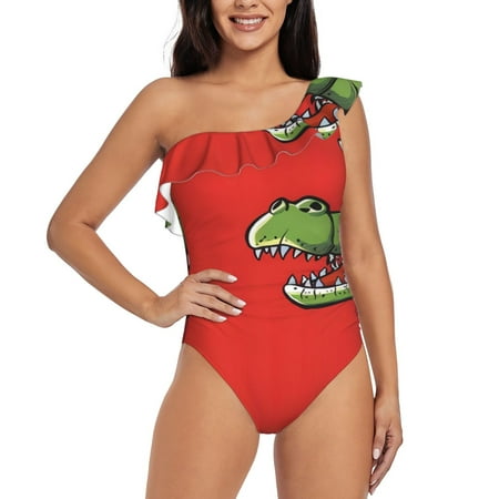 Goofa Cool Crocodile With Sunglasses Pattern Women s One Piece Swimsuits Tummy Control Bathing Suits Asymmetric One Shoulder Swimwear-XX-Large