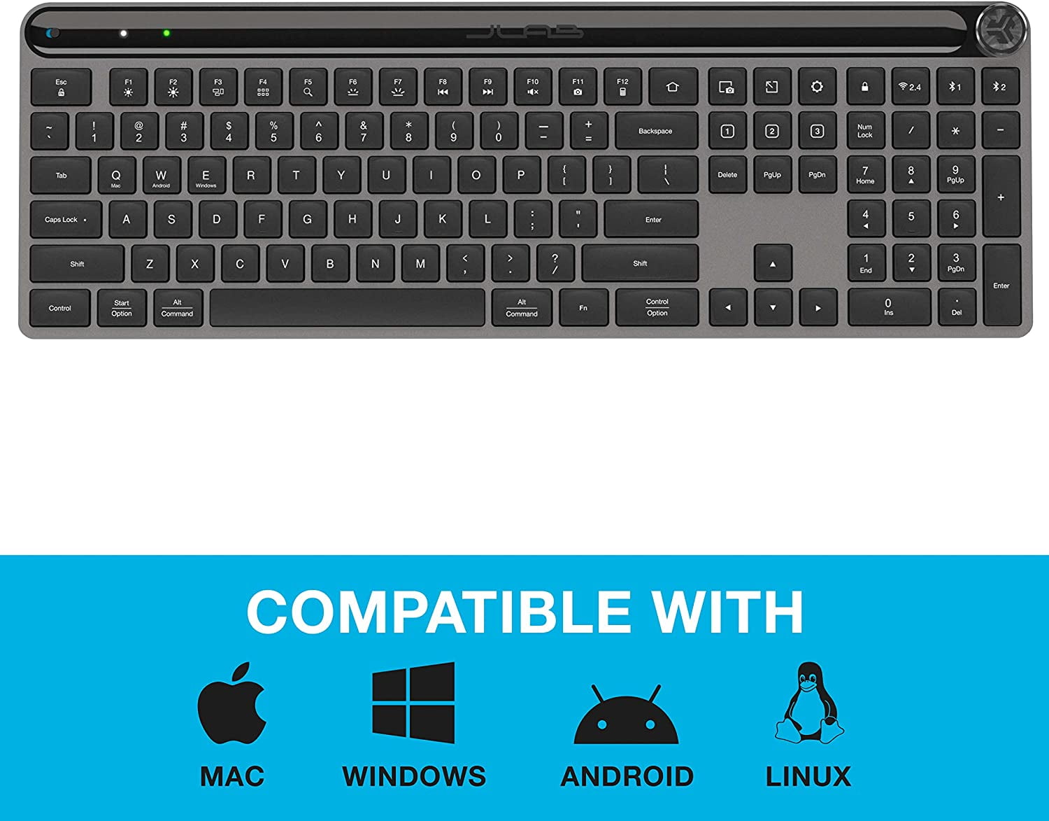 JLab Epic Keyboard, Media Volume Knob, 2.4 GHz Wireless, Bluetooth 5.2, QWERTY, Customizable Buttons, Rechargeable, iOS, PC, Android, Chome OS, Black