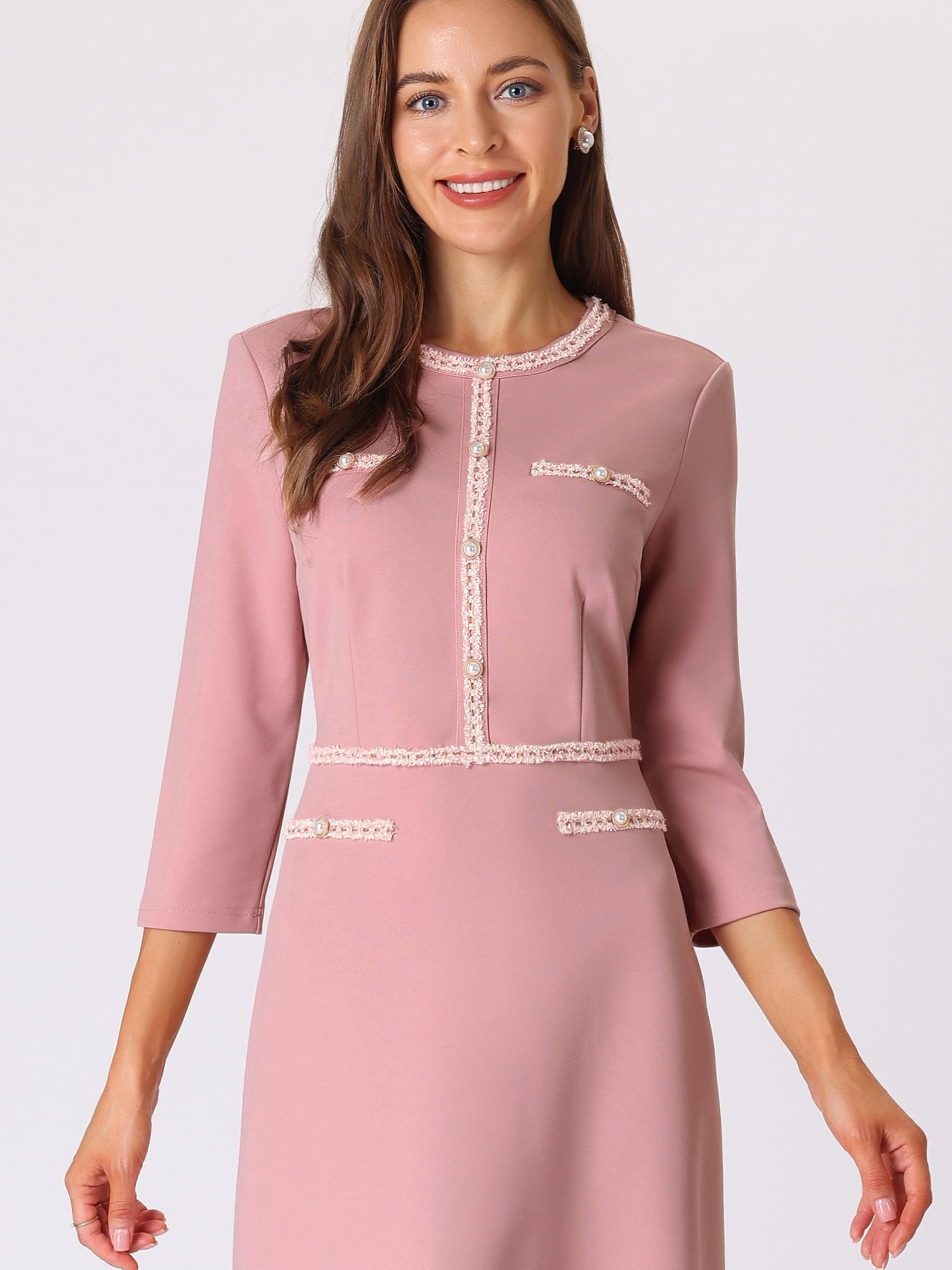 DARING DIVA Women's A-Line Contrast Color Tweed Trim Dress L Pink