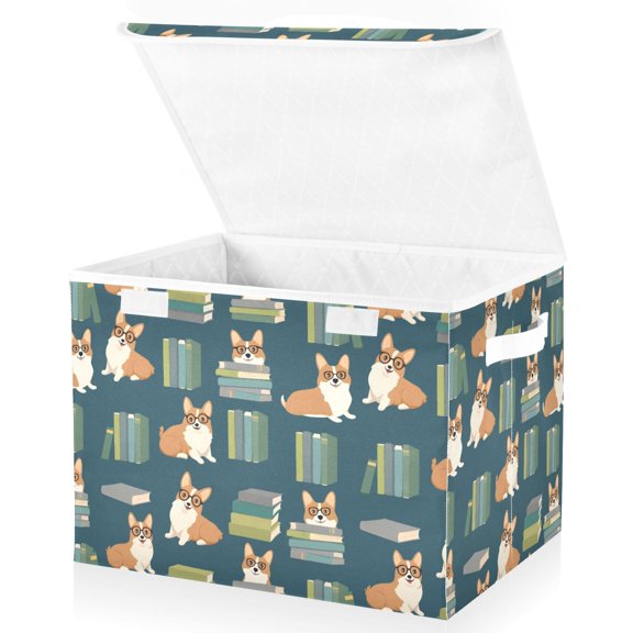 Yayeee Collapsible Cube Storage Bin with Lid Fabric Closet Decorative Basket with Handles, Blue Cartoon Dog Pattern