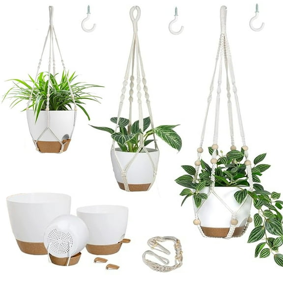 Behome Hanging Planters for Indoor Plants, 3 Pack Cotton Rope Plant Hanger with 3 Hanging Hooks, Garden Home Decor Ceiling Plant Holder for Indoor Outdoor, White