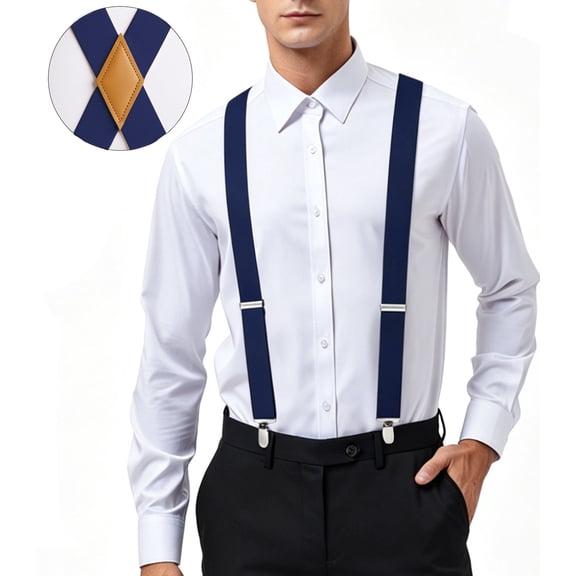 Mens Elastic Suspenders Adjustable X-Back with Strong 4 Clips for Work Trousers Weddings Navy Blue