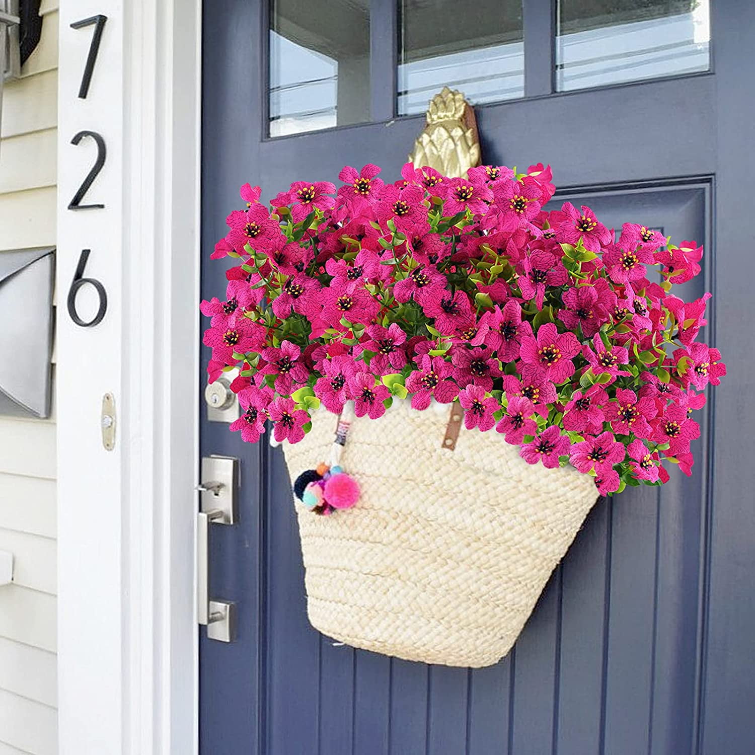 Sinhoon 8 Bundles Artificial Flowers UV Resistant Fake Plants Outdoor Faux Plastic Flowers Garden Window Box Porch Home Decor (Rosy red)
