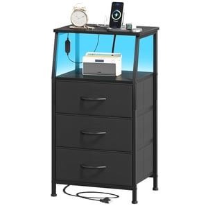 Eunos Black Nightstand with Charging Station and LED