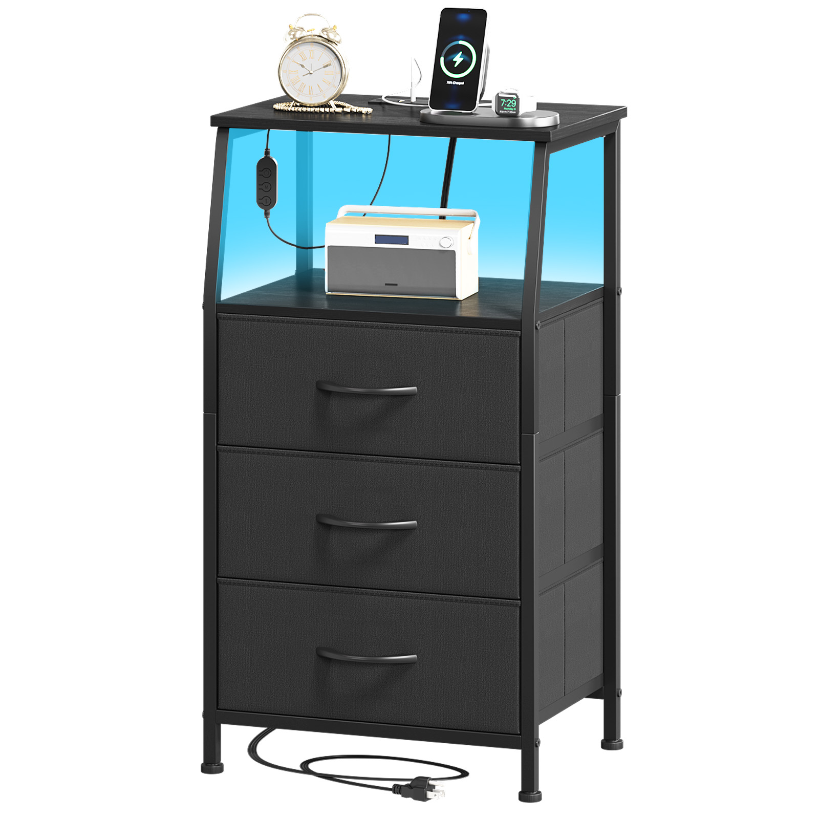 Eunos Black Nightstand with Charging Station and LED