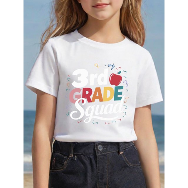 Girls' T-Shirt - Casual Round Neck Tee with Colorful ”3rd Grade Squad“ Print, Soft Breathable Fabric for Summer Outdoor Play & Casual Attire, Shirts for Girls, Playful Design, Comfortable Fit