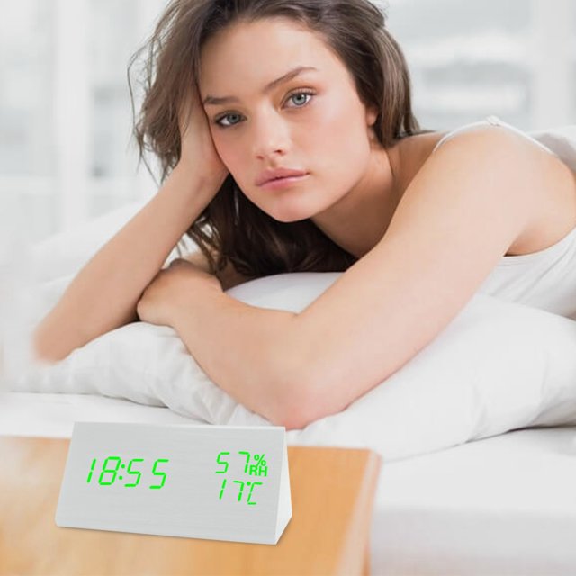 WIFKLSIIPG New Temperature and Humidity Multifunctional Silent Alarm Clock LED Wooden Clock Student Electronic Clock Bedside Desk Multifunctional Alarm Clock White Letter Model