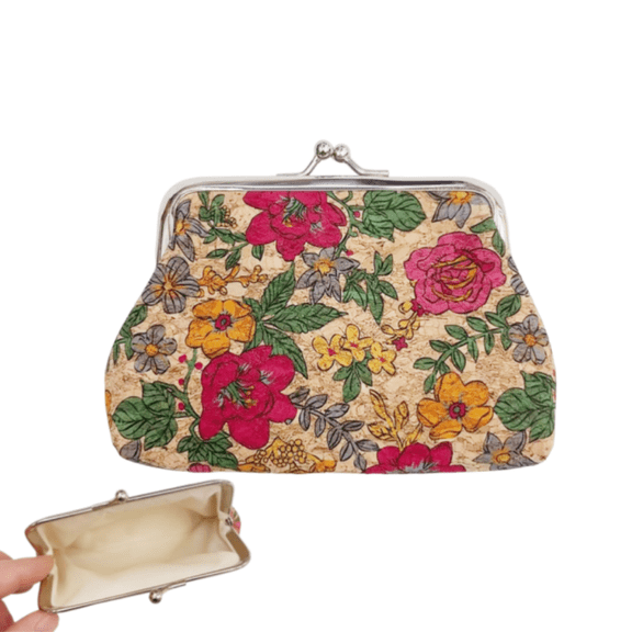 4inch Vintage Cork Print Kiss-lock Coin Purse – Eco-friendly Retro Tile & Floral Wallet for Women