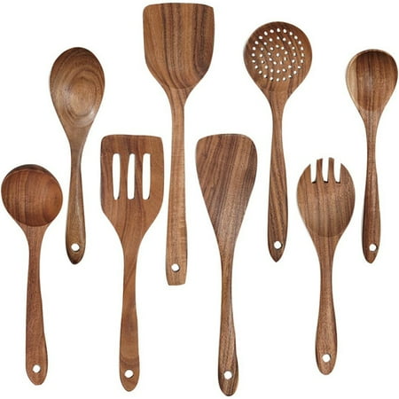 

Wooden Utensils for Cooking Made From Natural Teak Wood - Luxury 8 Pcs Kitchen Utensil Set
