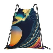 TEQUAN Drawstring Backpack Sports Gym Sackpack, Japanese Style Ocean Wave Prints Polyester Water Resistant String Bag for Women Men