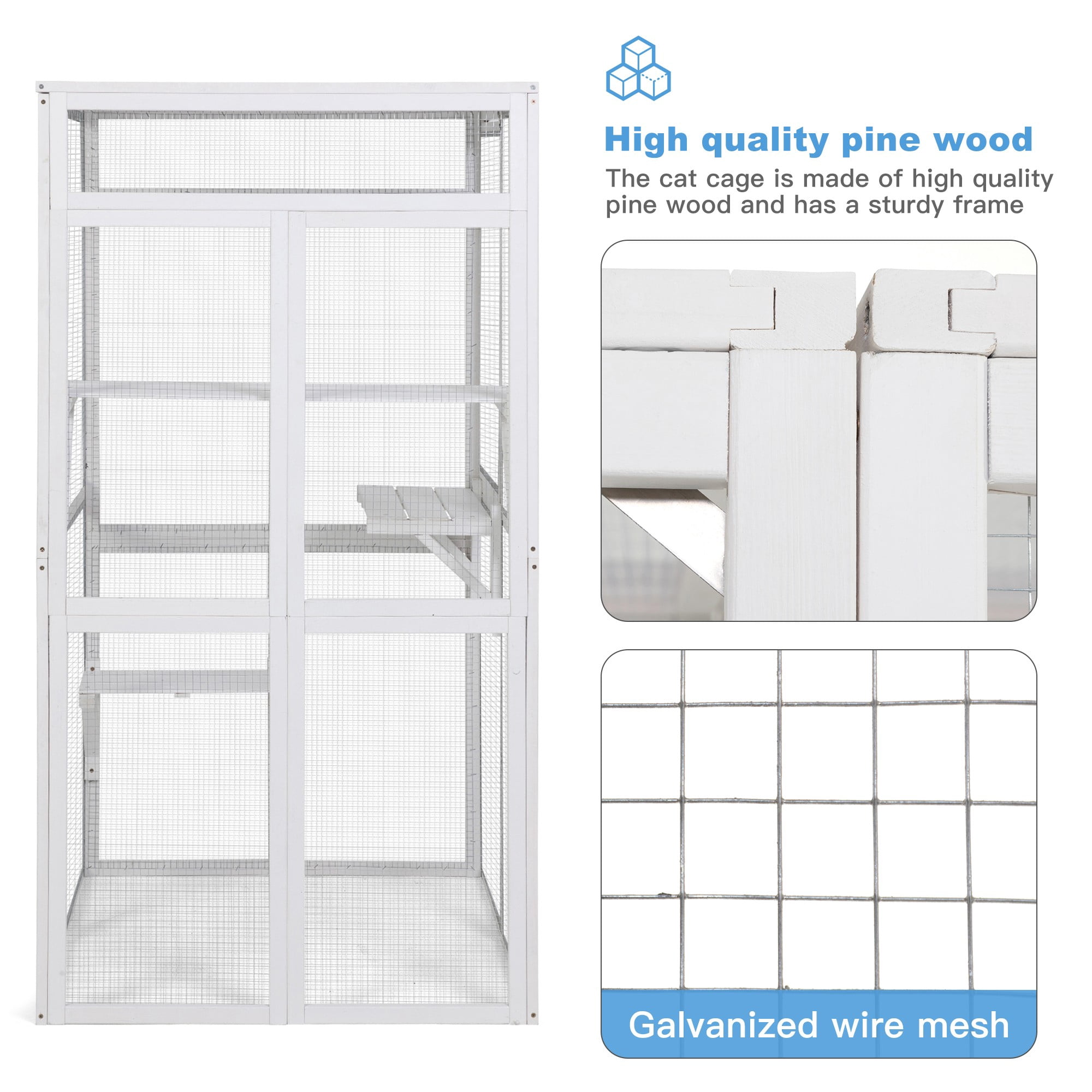 Demi Bonn 64" Outdoor Cat House, Large Cat Condo for Feral Cats Wooden Outside Cat Cage Weatherproof with Platforms, White