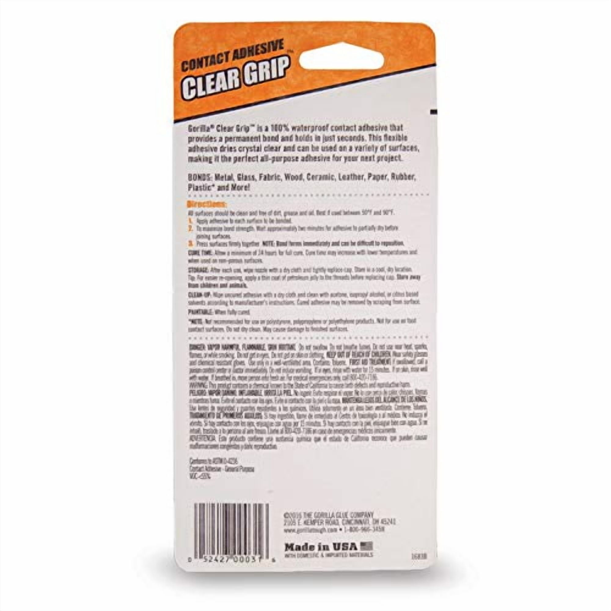 Gorilla Clear Grip Contact Adhesive, Waterproof, 3 ounce, Clear, (Pack of 3)