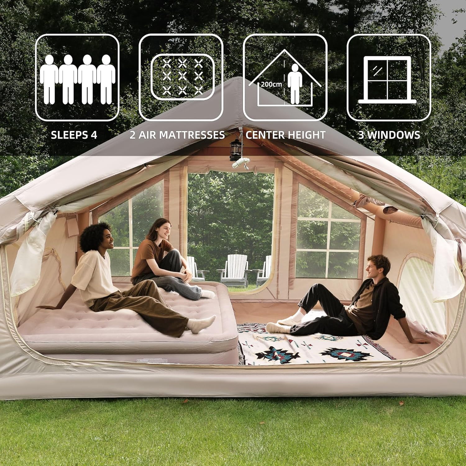 Urday 68 Sq. Ft. Inflatable Camping Tent, Waterproof 4 Season Air Tent with Skylight, 420D Oxford Glamping Tent for Family