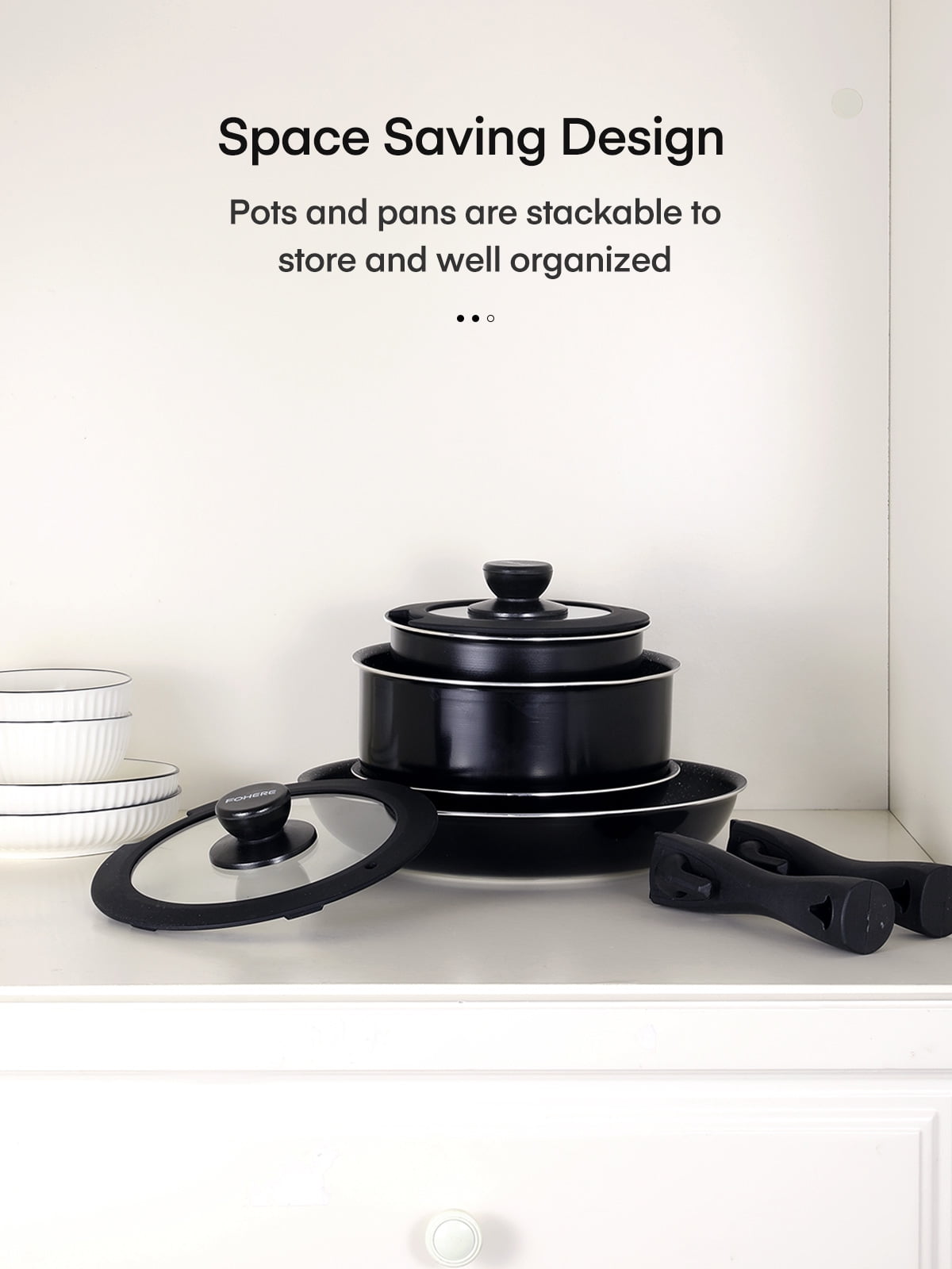 Fohere 8-Piece Pots and Pans Set Non Stick with Removable Handle, Aluminum Kitchen Cookware Set, Black