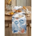 thumbnail image 3 of Summer Ocean Table Runner, Blue Jellyfish Orange Corals Shells Starfish Cotton Linen Kitchen Table Decoration Washable Dining Tabletop Runners for Home Party Decor 13x108 Inches, 3 of 9