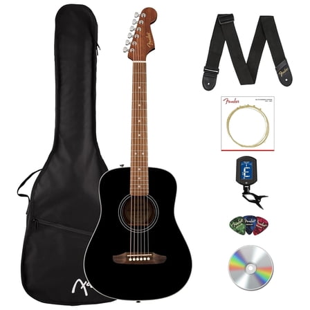 Fender California Standard Redondo Mini Acoustic Guitar - Black Bundle with Gig Bag, Tuner, Strap, Strings, Picks, and Austin Bazaar Instructional DVD
