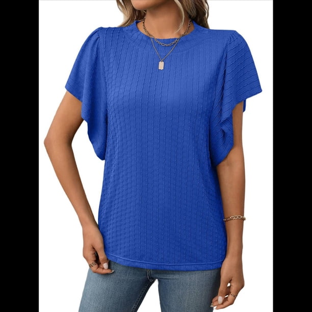 Camisas Formales Informales de Negocios para Mujer, Camisas de Verano, Mangas , Cuello Redondo, Mangas de Hoja de , Trajes 2025 Azul L