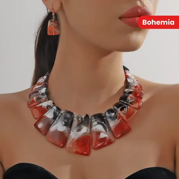 Vintage Thick Personality Necklace and Earrings Suite Novelty Collar Black and Red Necklace Bib Pendant Necklace Earrings Women Jewelry Set