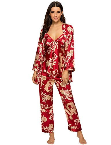 Escalier Women's Silk Satin Pajamas Set 3 Pcs Floral Silky Pj Sets Sleepwear Cami Nightwear with Robe and Pant 