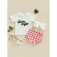 thumbnail image 2 of Gureui Kids Baby Girls Clothes Set,Letter Short Sleeve T-shirt and Plaid Shorts  Headband 3Pcs Outfit Set, 2 of 8