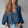 thumbnail image 2 of Wenini Women's Boho V Neck Puff Sleeve Crinkle Fabric Top Loose Drop Shoulder Casual Blouse Top Trendy Travel Shopping Outfit, 2 of 6