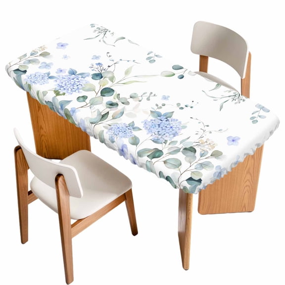 Blue Hydrangea Fitted Rectangle Tablecloth 24" x 36" Country Eucalyptus Leaf Floral Elastic Table Cloth Fits for 3 Foot Folding Tables Waterproof Table Cover for Picnic Camping Outdoor