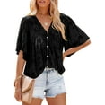 thumbnail image 2 of Txlixc Blusa informal para mujer, cuello en V, manga acampanada, textura de flores, botones, camisa suelta con volantes para mujer Txlixc  Moda, 2 of 5