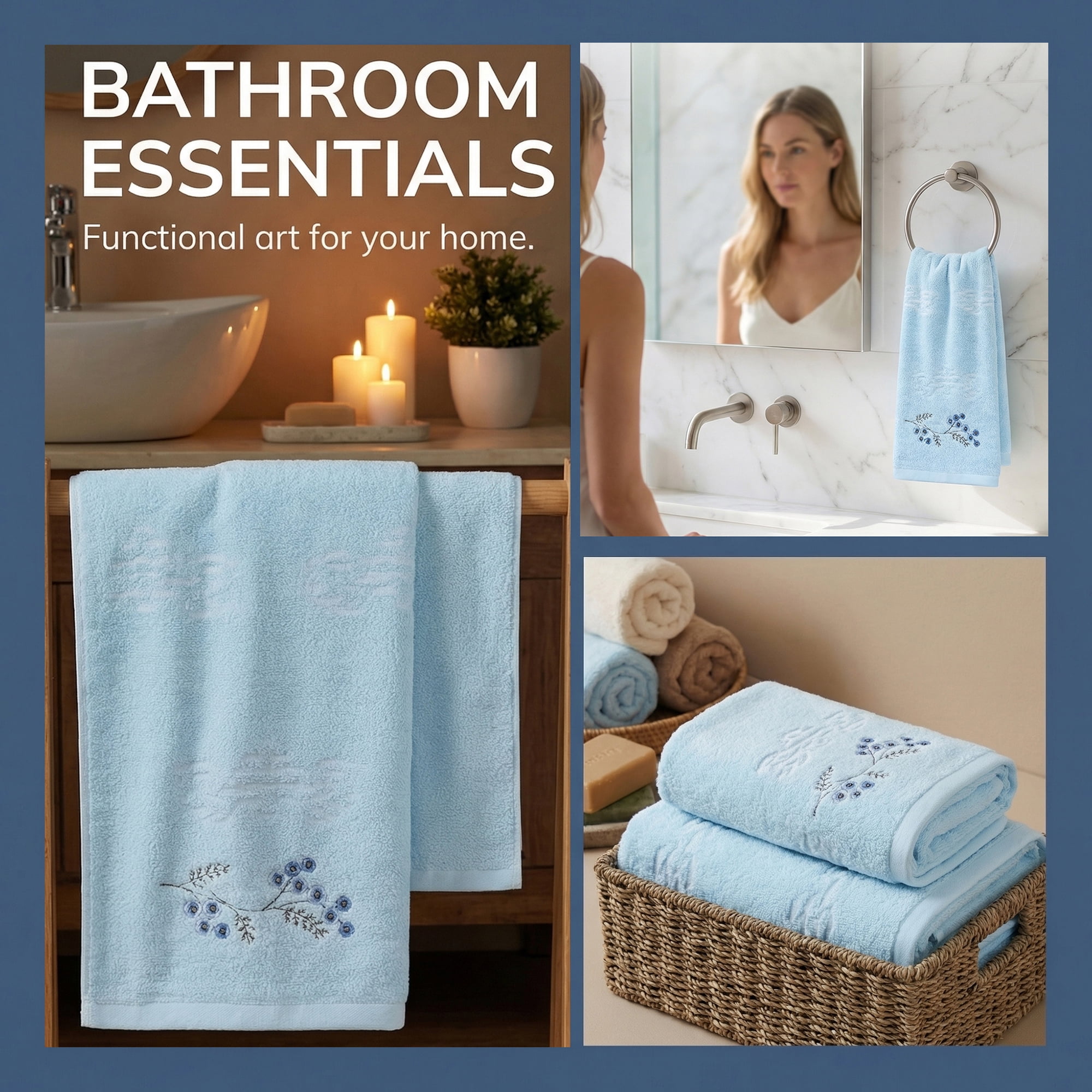 Unique Bargains Soft Absorbent Floral Cotton Hand Towels Blue 29" x 13"