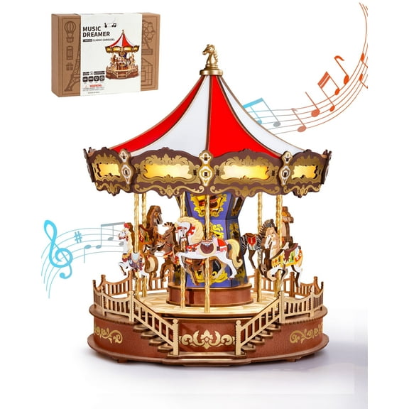 Rolife 3D Puzzles Music Box DIY, Classic Carousel Dreamer, Wooden Building Model Kits Xmas Birthday Gift for Kids Girls Adults