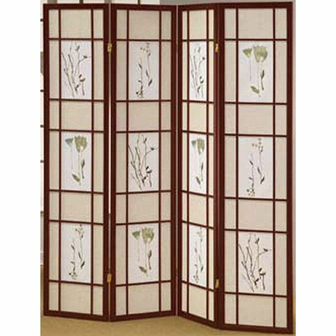 Coaster Oriental Floral Accented 4-Panel Room Screen Divider,Cherry Wood Framed 