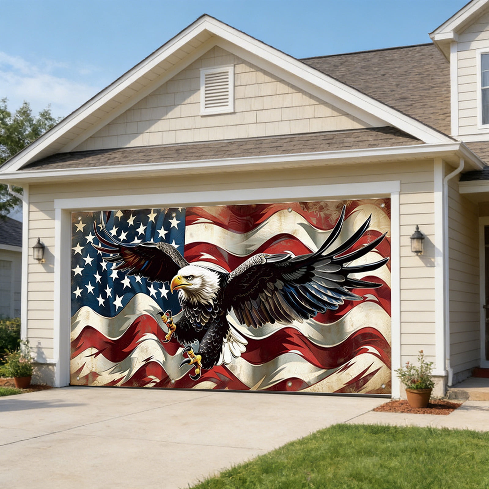 157.4X72.8 In 250Th Usa Anniversary Patriotic Garage Door Cover Bird Flag 4Th Of July Decor