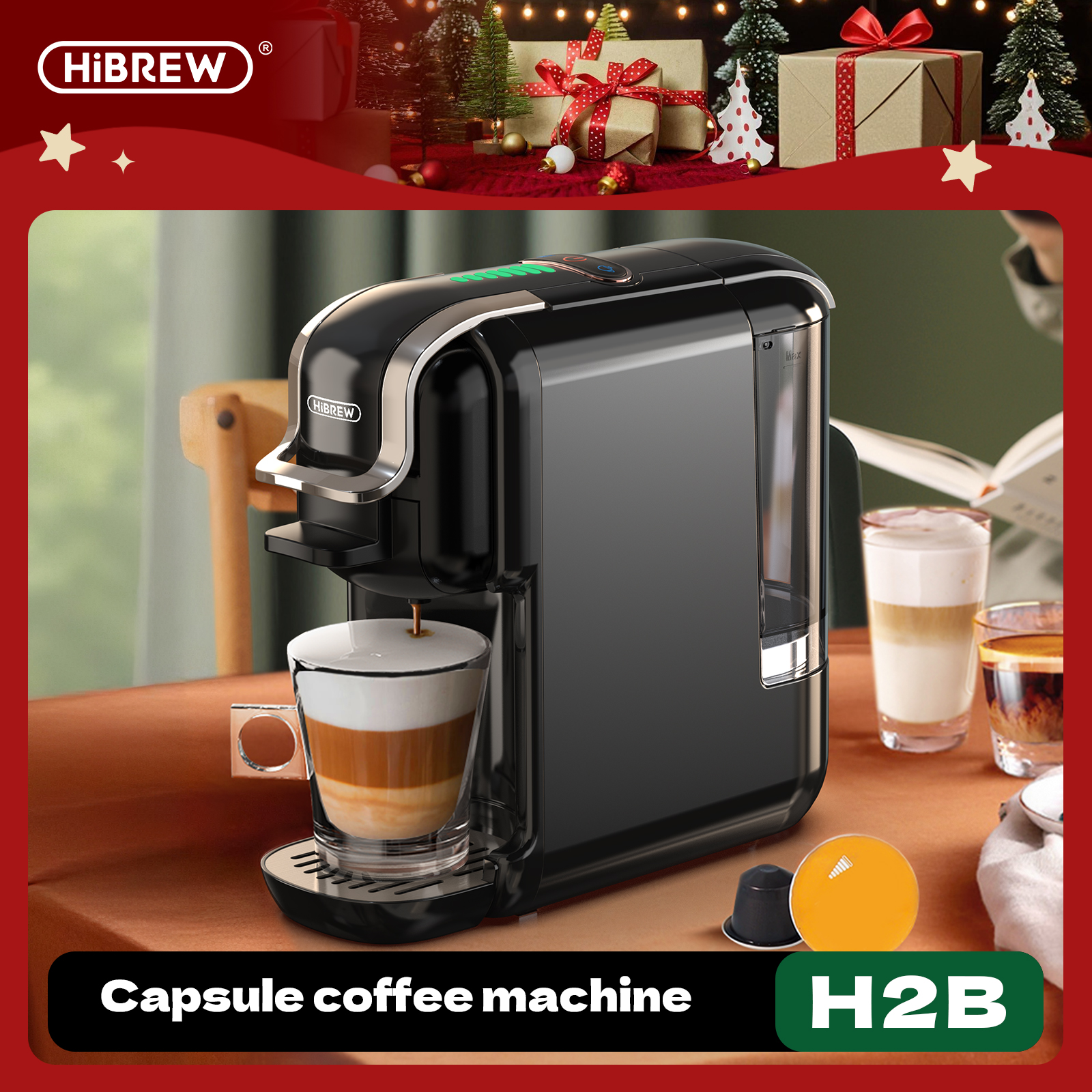 HiBREW 5-in-1 Expresso Machines for Home, Compact Coffee Machine for Pods, Capsules & Espresso Powder H2B